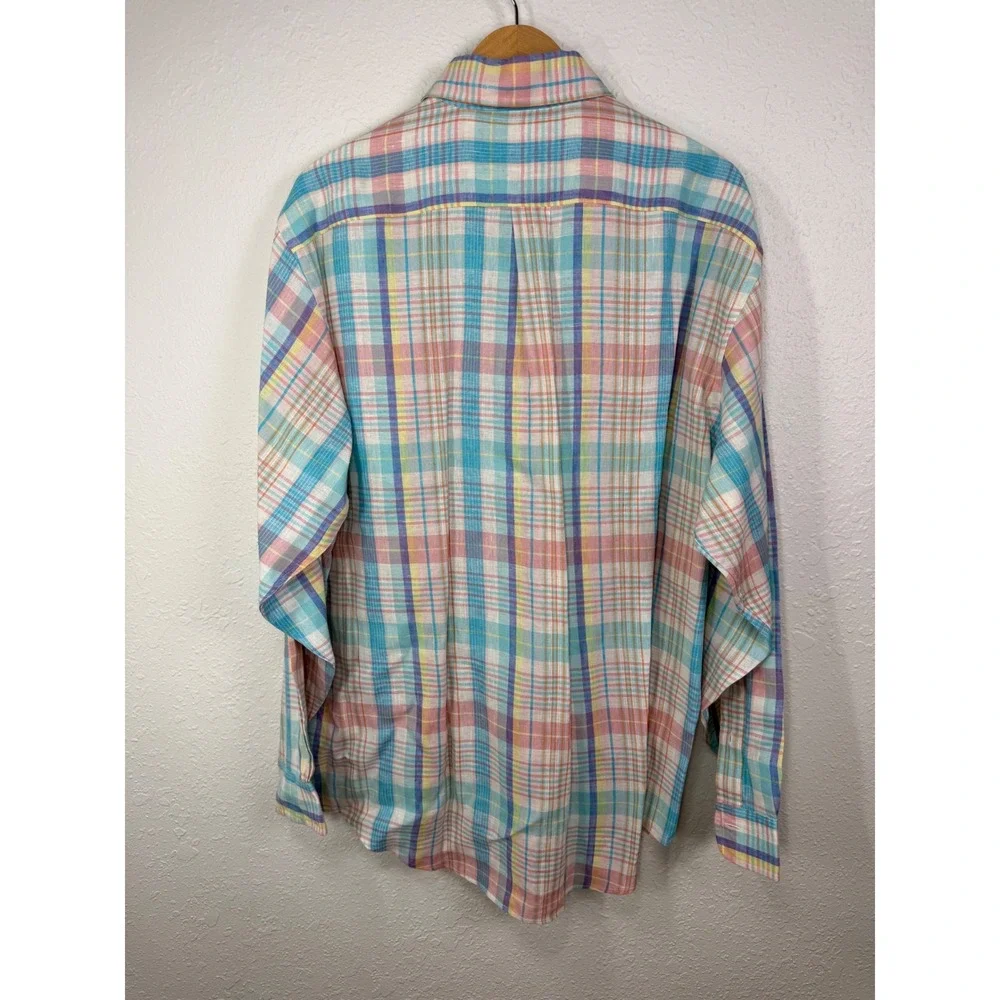 Brooks Brothers Men Large Button Down Shirt Pastel‎ Plaid Irish Linen Coastal